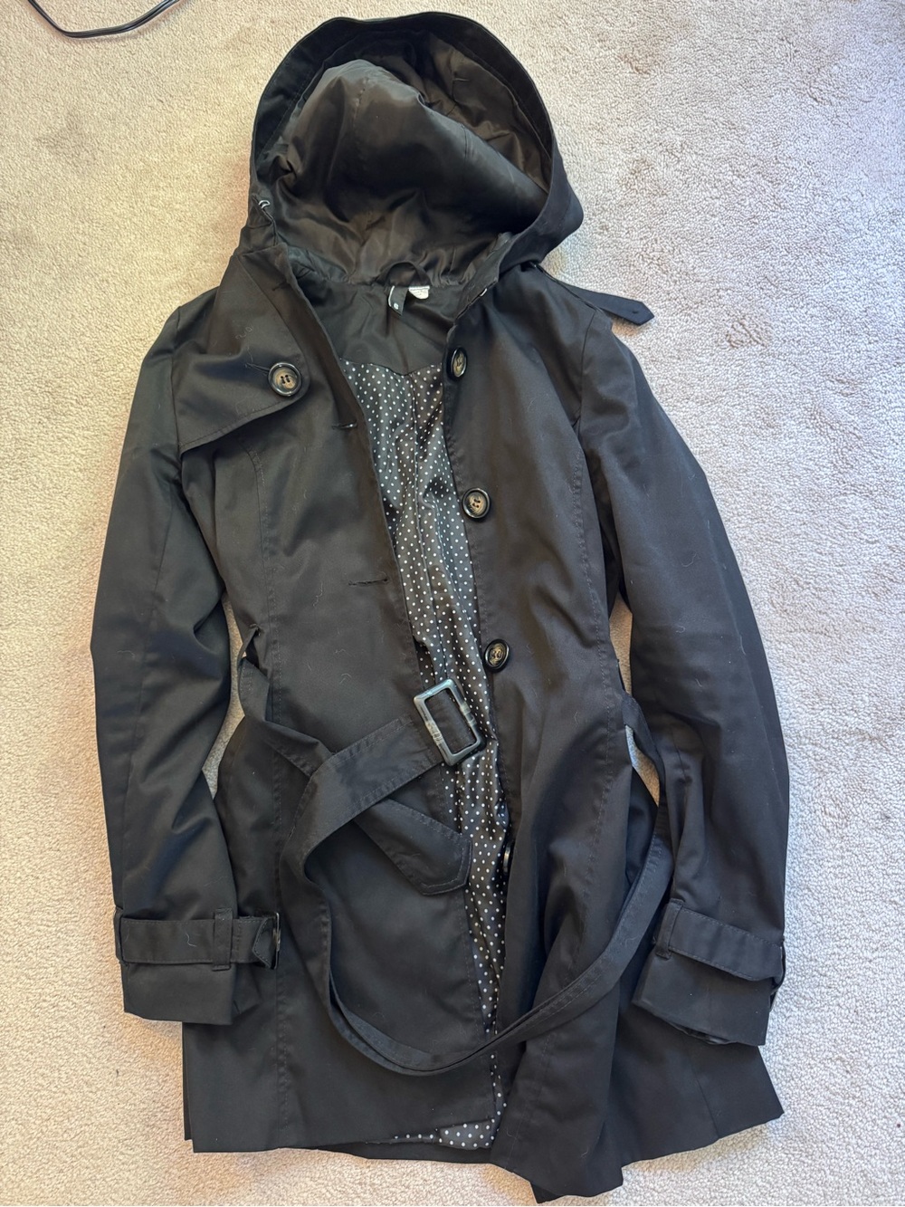 Women's Black Hooded Trench Rain Coat with Belt